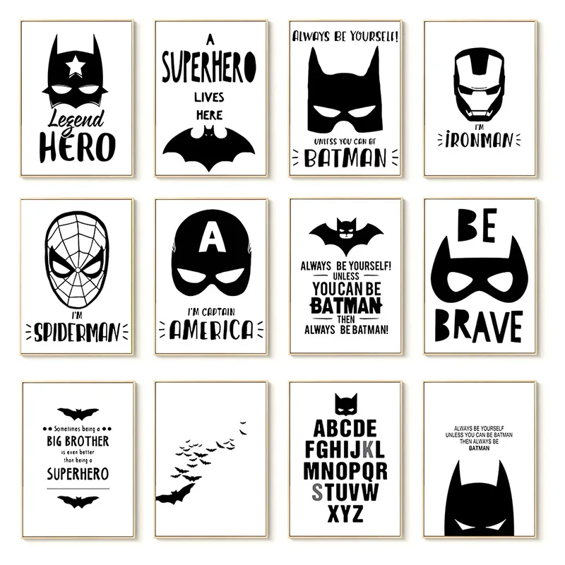 

Super Hero Batman Boy Canvas Painting Wall Art Print Black White Posters And Prints Wall Pictures Nordic Style Kids Decoration