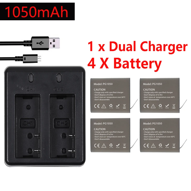

4Pcs X 1050mAH PG1050 Camera Battery + Dual Charger For EKEN H9 H9R H3R H8R H8PRO H8 SJ4000 SJ5000 M10 Action Camera Batteria
