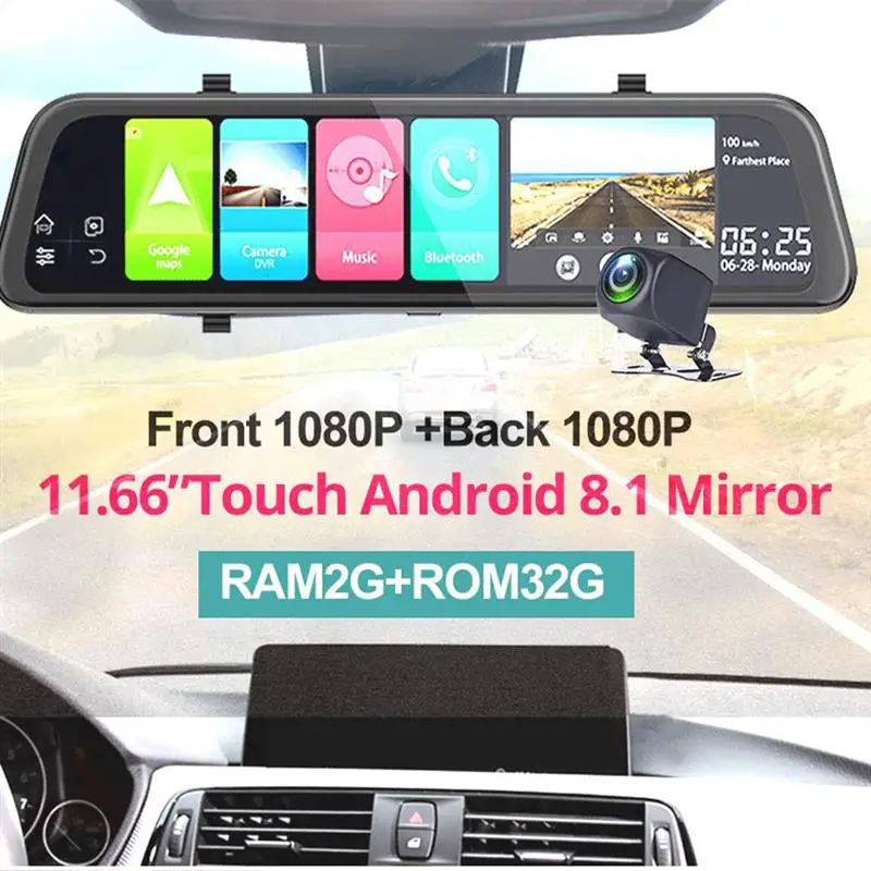 11,66 дюймов ADAS Dash Cam Android 8,1 Автомобильный видеорегистратор Камера gps навигация Bluetooth FHD видео рекордер 4G Wifi скорость DVR зеркало