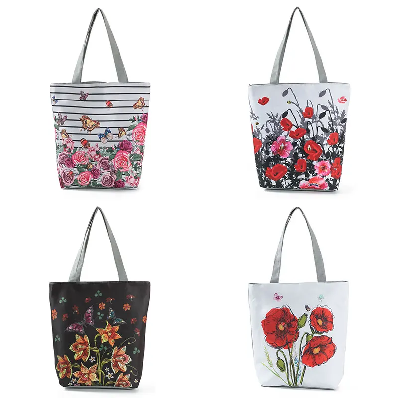 Women Handbags Floral Printed Canvas Shoulder Bag Summer Beach Bag Daily Use