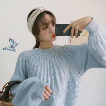 

Korean Style Sweet Loose Lantern Sleeves Bowtie Lace Up Sweater Women Knitted Loose Solid Color Jumpers Pullover