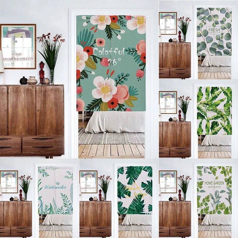 

Fabric Green Plant Cotton Linen Door Curtain Bedroom Partition Curtain Kitchen Half Panel Curtain Blackout Curtain Decoration