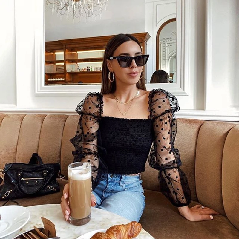 Sexy Women Square neck Lace See-through Polka Dot Puff Long Sleeve Elastic Crop Top Female Blouse Shirts Evening Party clubwear Sexy Women Square neck Lace See-through Polka Dot Puff Long Sleeve Elastic Crop Top Female Blouse Shirts Evening Party clubwear