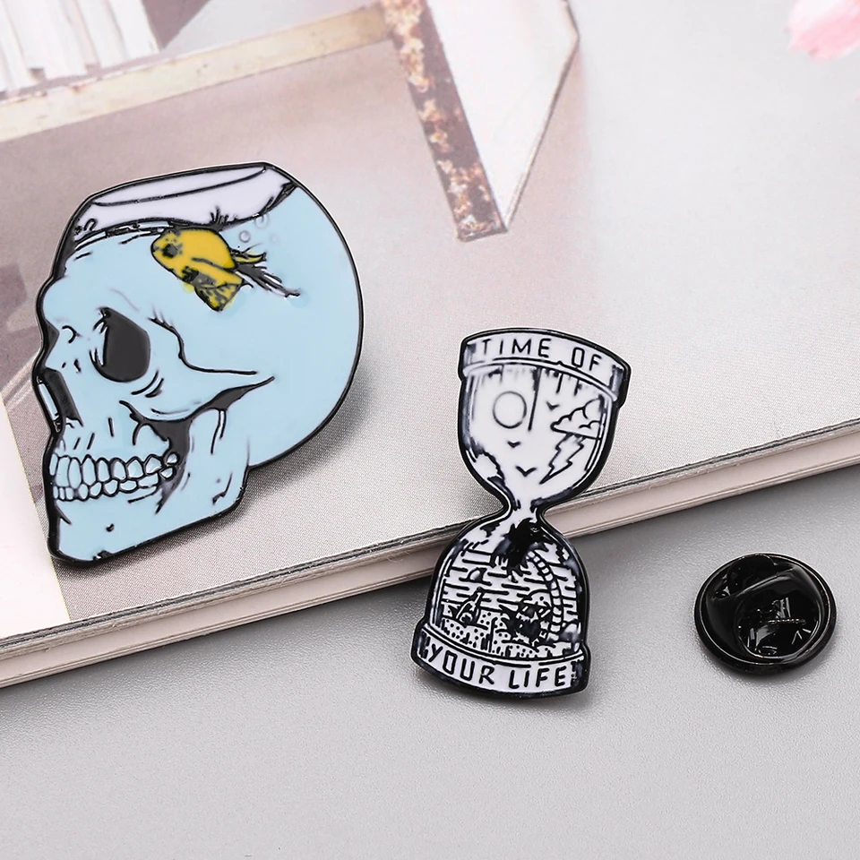 Fish Bowl Skull Series Enamel Pin Hourglass Flower Metal Brooches Cartoon Uterine Human Organs Lapel Pins Brooches Aliexpress