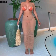 IASKY New summer ruched beach cover ups Midi skirts sexy women see through mesh bikini swimwear bathing suit cover up