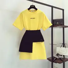 Женская модная желтая футболка платье+ асимметричные юбки Комплекты из 2 предметов женский наряд A1727