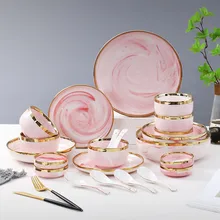 

Gold Gilt Rim Pink Marble Pattern Porcelain Dinner Plate Set Kitchen Plate Ceramics Bowl Soup Salad Tableware 1pc