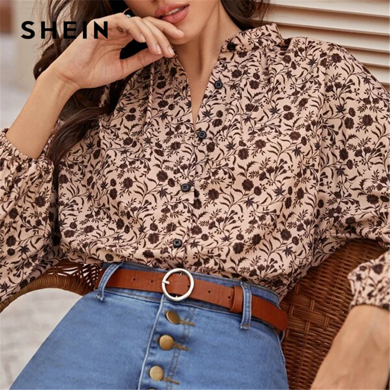  SHEIN Multicolor Mock Neck Ditsy Floral Print Shirt Blouse Women Spring Autumn Button Front Bishop 