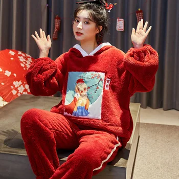 

JULY'S SONG Cute Winter Flannel Pajamas Set Women's Sleepwear Thick Plush Animal Cartoon Warm Girl Plus Velvet Hooded Homewear