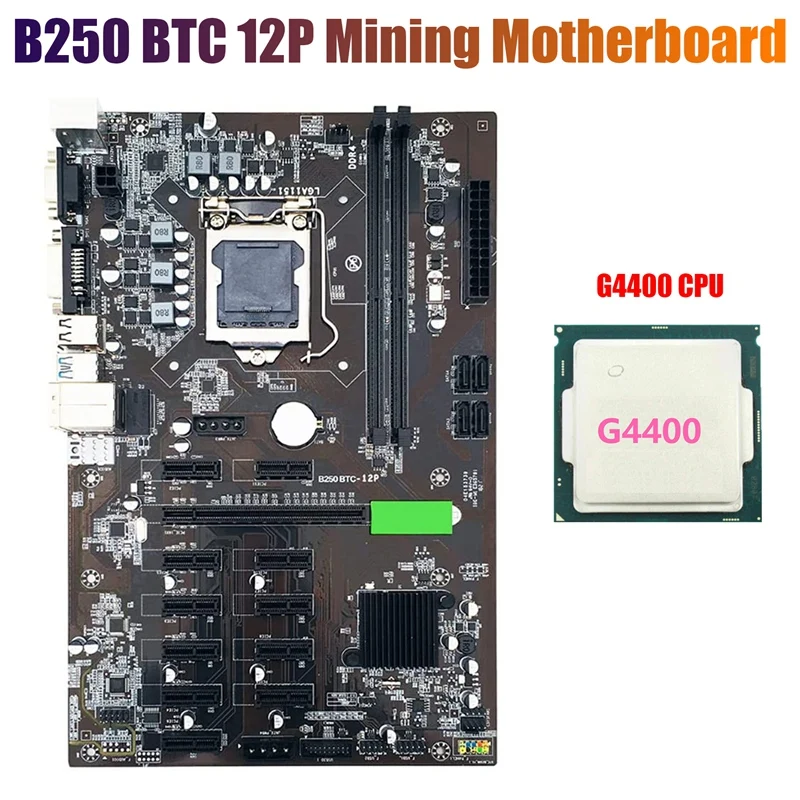 Материнская плата B250 для майнинга BTC с процессором G4400 LGA 1151 DDR4 12 слотов