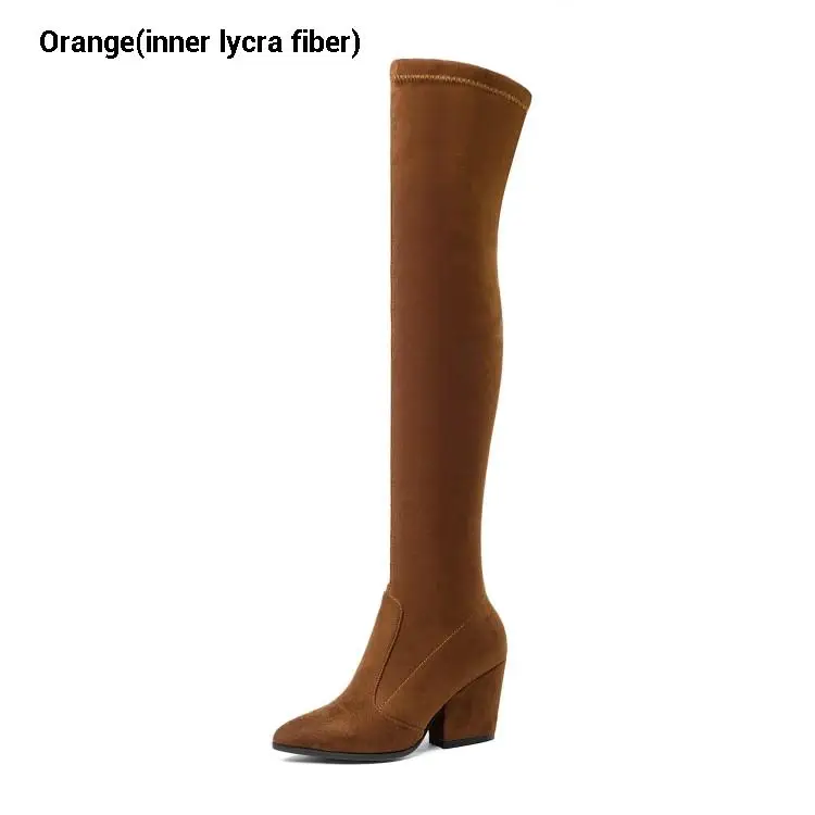 Orange(lycra) CDAXILAN/Новое поступление, Сапоги выше колена женские сапоги до бедра из искусственной замши женские зимние сапоги на высоком каблуке 8 см - Цвет: Orange(lycra)