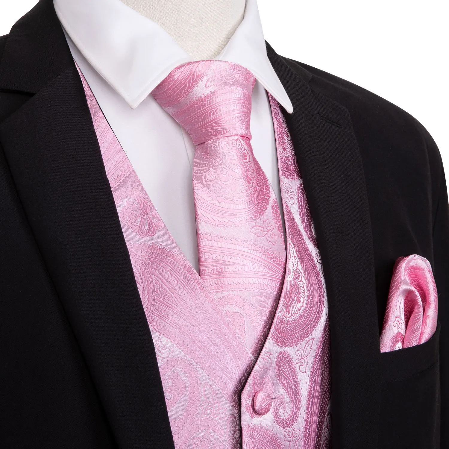 Mens Silk Vest Classic Party Wedding Pink Paisley Solid Floral Waistcoat Vest Pocket Square Tie Slim Suit Set Barry.Wang BM-2010