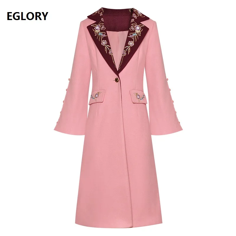 

Top Quality New 2019 Autumn Winter Long Wool Coat Women Turn-down Collar Lurex Embroidery Single Button Wool & Blends Coats Pink