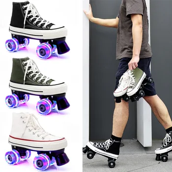 

Japy Quard Roller Skates Canvas Double Line Skates Women Men Adult With LED Lighting PU 4 Wheels Two line Skating Shoes Patines