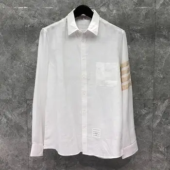 

2020 Fashion TB THOM Brand Shirts Men Slim White Long Sleeve Casual Linen Shirt Turn Down Collar Summer Solid Men's Clothing