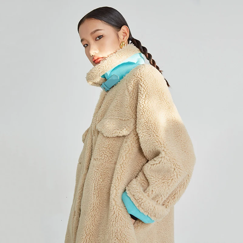 

[] Loose Fit Lambswool Split Big Size Jacket New Stand Collar Long Sleeve Women Coat Fashion Tide Autumn Winter 2019 1M057