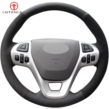 

LQTENLEO Black Genuine Leather Suede Car Steering Wheel Cover For Ford Explorer 2011-2019 Taurus Flex 2012-2019 Edge 2011-2014