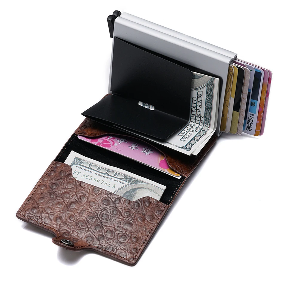 Посылка для карт из страуса, алюминиевая двойная коробка для карт, кожаный кредитный держатель для карт, RFID металлический кошелек, автоматический Противоугонный кошелек, Iclip кошелек