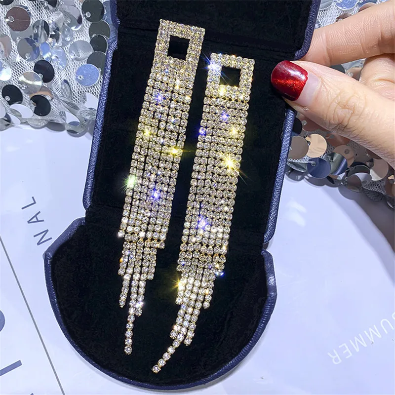 2019 Shiny Full Rhinestone Drop Earrings for Women Square Long Tassel Crystal Dangle Earring Weddings Fashion Jewelry Gifts | Украшения и