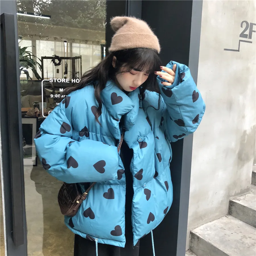 

Photo Shoot Winter 2018 New Style Korean-style Heart Printed down Coat Thick Cotton-padded Clothes Cotton-padded Jacket Coat