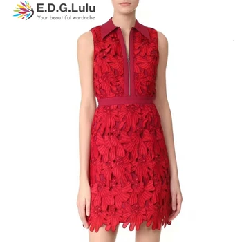 

EDGLuLu runway dresses 2019 women high quality off the Shoulder elegant sexy party club sexy embroidery red lace dress