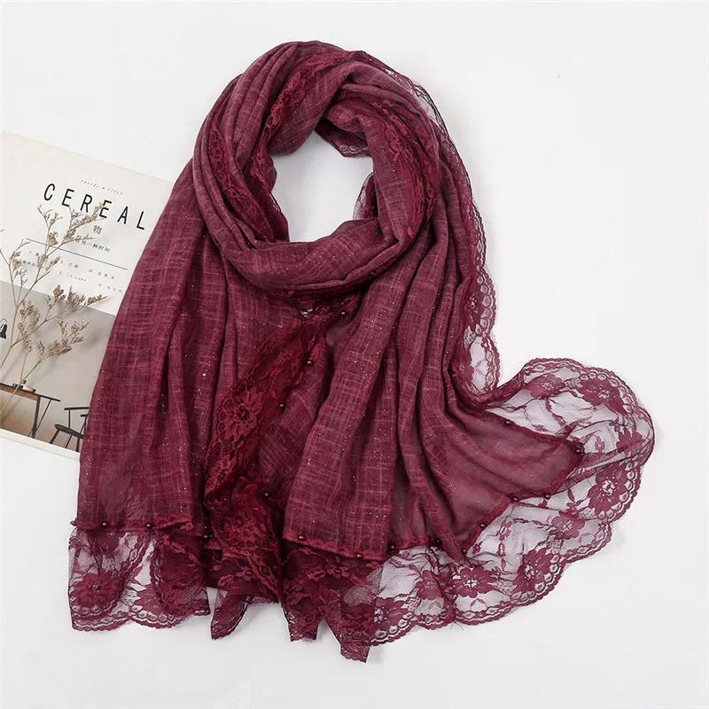 

New Women Lace Stitch Floral Beads Patchwork Viscose Shawl Scarf High Quality Wrap Pashmina Snood Bufandas Muslim Hijab 200*87Cm
