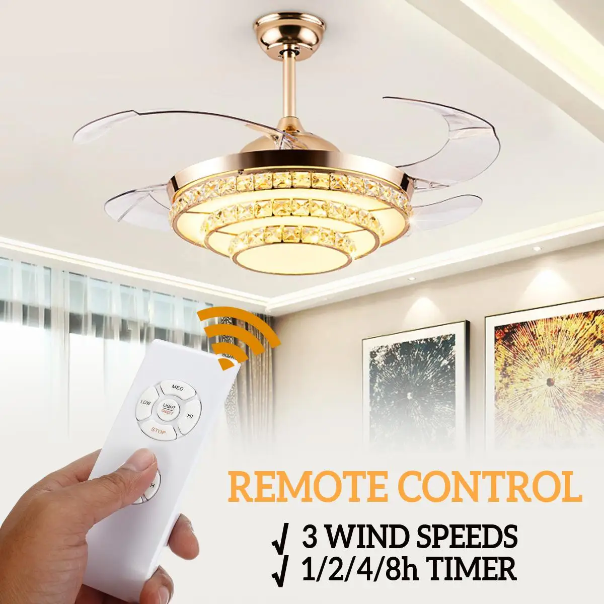 

Crystal 220V 65W 42'' Retractable LED Chandelier Ceiling Light 3 Speed Remote Control Blade Fan Lamp