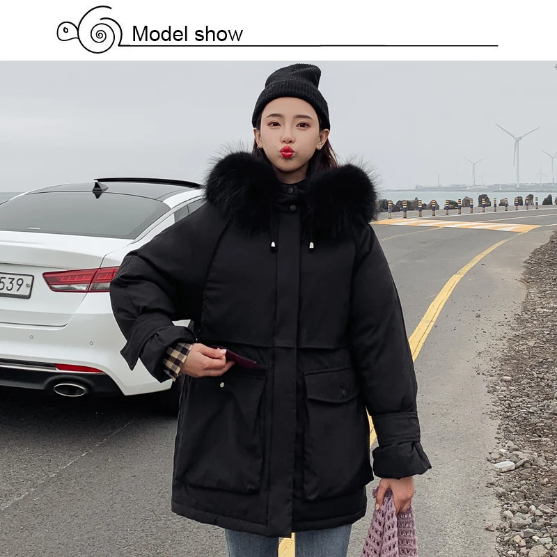 Корейский стиль зимняя куртка женская теплая плотная Свободная Женская куртка с двумя большими карманами с капюшоном меховой воротник Женская длинная парка