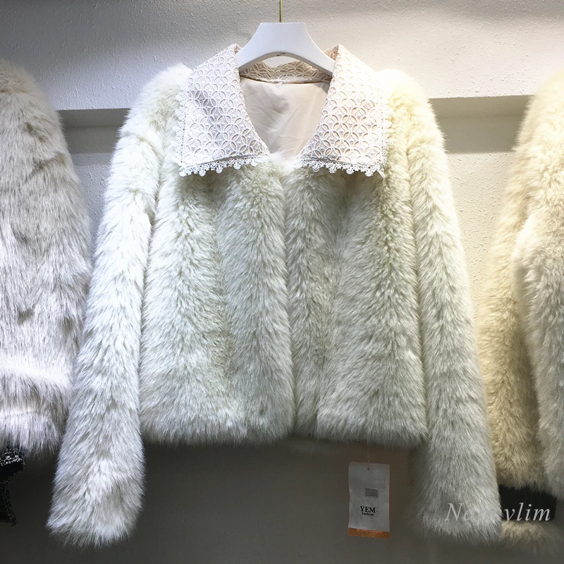 

2020 Autumn and Winter New Short Faux Fox Fur and Detachable Lace Square Collar Coat Female Fashion Fur Jacket