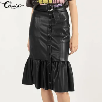 

Celmia Vintage PU Leather Women's Skirts 2020 Fashion Belted Sexy High Waist Bodycon Skirt Casual Ruffles Buttons Office Skirt 7