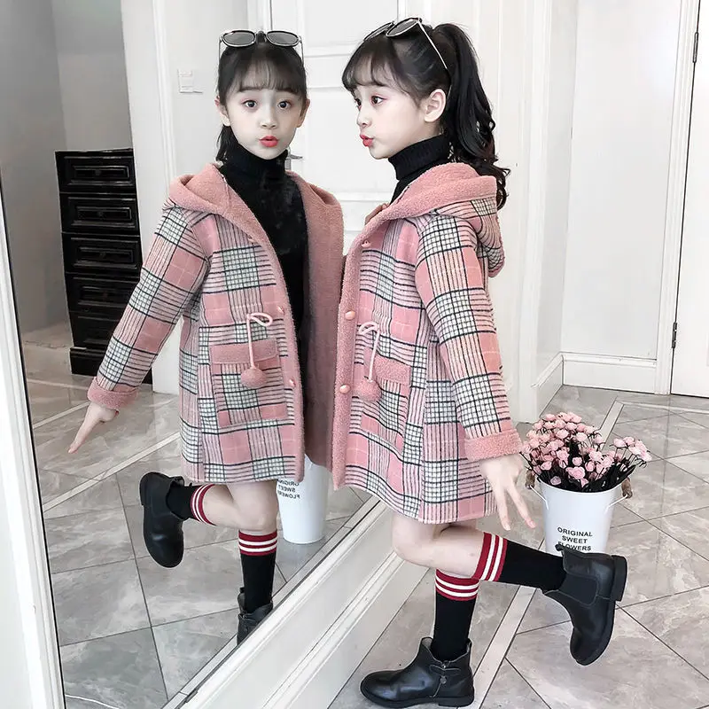 Fashion Design Autumn Winter parka Girl Long Woolen Coat for Kids Outerwear Grid pattern Padded Warm clothing girls winter coat