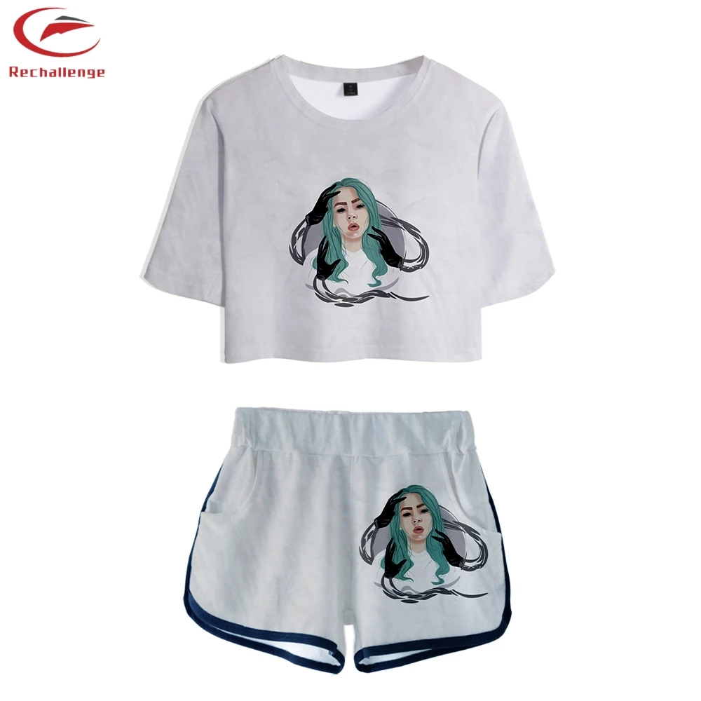 

Billie Eilish Women's New 3D Casual Cropped Top + Shorts Two Piece Set Billie Eilish 2019 Women's Fashion T-Shirt Shorts Set