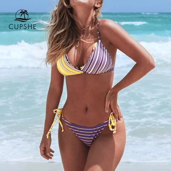 

CUPSHE Sexy Yellow And Purple Stripe Bikini Sets Women Tied Side Thong Two Pieces Swimsuits 2020 Girl Beach Bathing Suits