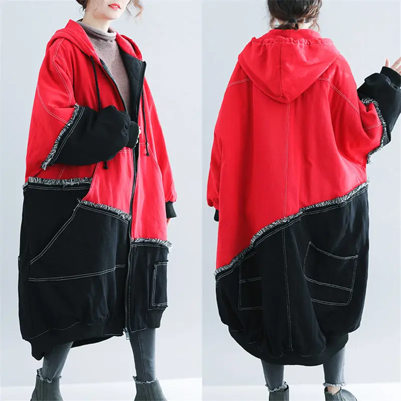 Ropa extragrande para mujer, abrigo de Chaqueta de algodón vaquera, moda de colores golpe, retales, chaqueta de Parka con capucha|Parkas| - AliExpress