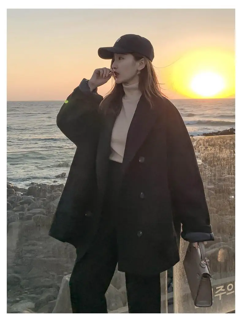 Photo Shoot Woolen Suit WOMEN'S Suit Autumn And Winter New Style Korean-style Loose And Plus-sized Woolen Overcoat Suit Two