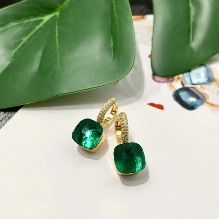 Peacock Green Высокое качество 22 цвета Squre из цветного камня стиль кристалл серьги микро мозаичный Циркон CZ золотой обруч серьги для женщин Свадьба - Окраска металла: Peacock Green