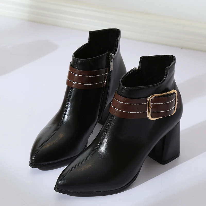 Lucyever/Коллекция года; сезон осень-зима; женские ботильоны из мягкой кожи с острым носком; цвет черный, красный; обувь на высоком каблуке с пряжкой; женская обувь; Zapatos De Mujer