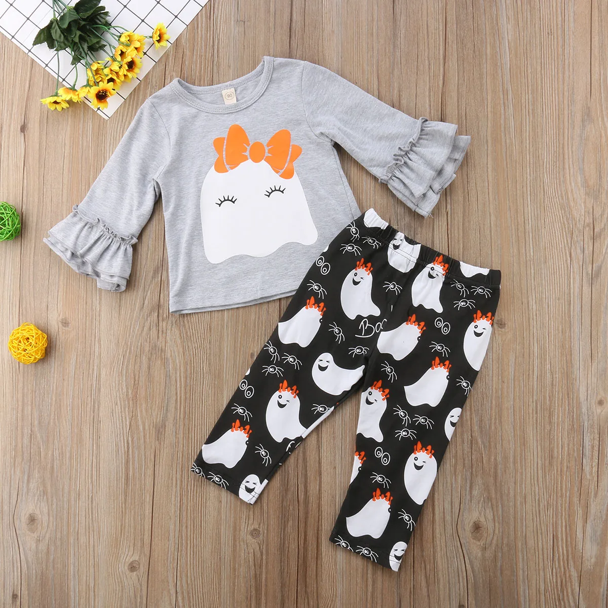 CANIS/осенний комплект из 2 предметов для маленьких девочек на Хеллоуин: футболка с длинными рукавами с принтом «призрак»+ милые штаны, комплект одежды