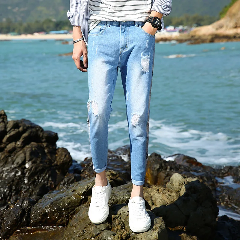 

Men's Jeans Slim Skinny Fit Ripped Straight Denim Distressed Pants Stretch Side Stripes Pencil Jeans Men Streetwear