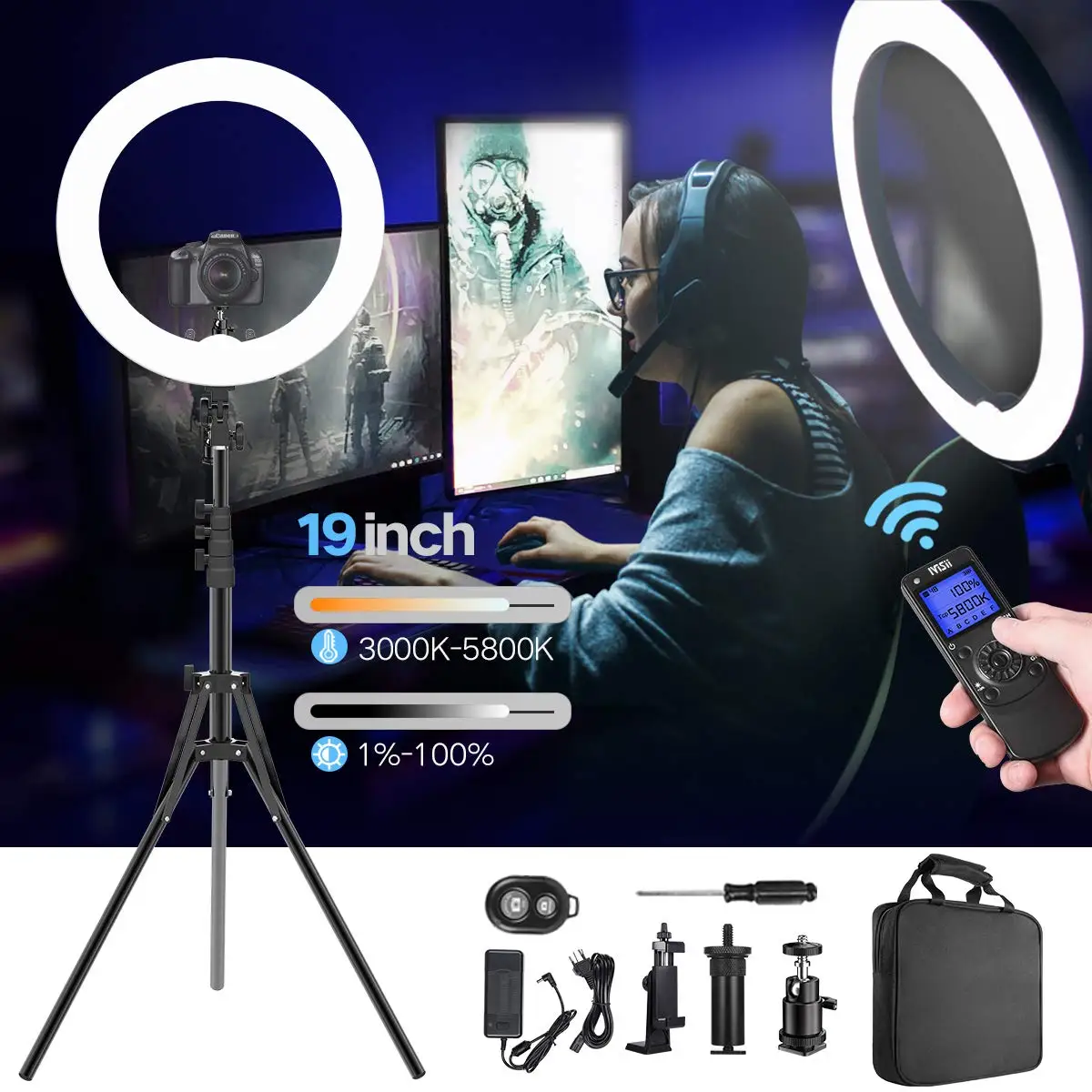 

Ring Light with ,19 inch LED Ring Light with LCD Display Adjustable Color Temperature 3000K-5800K with Stand