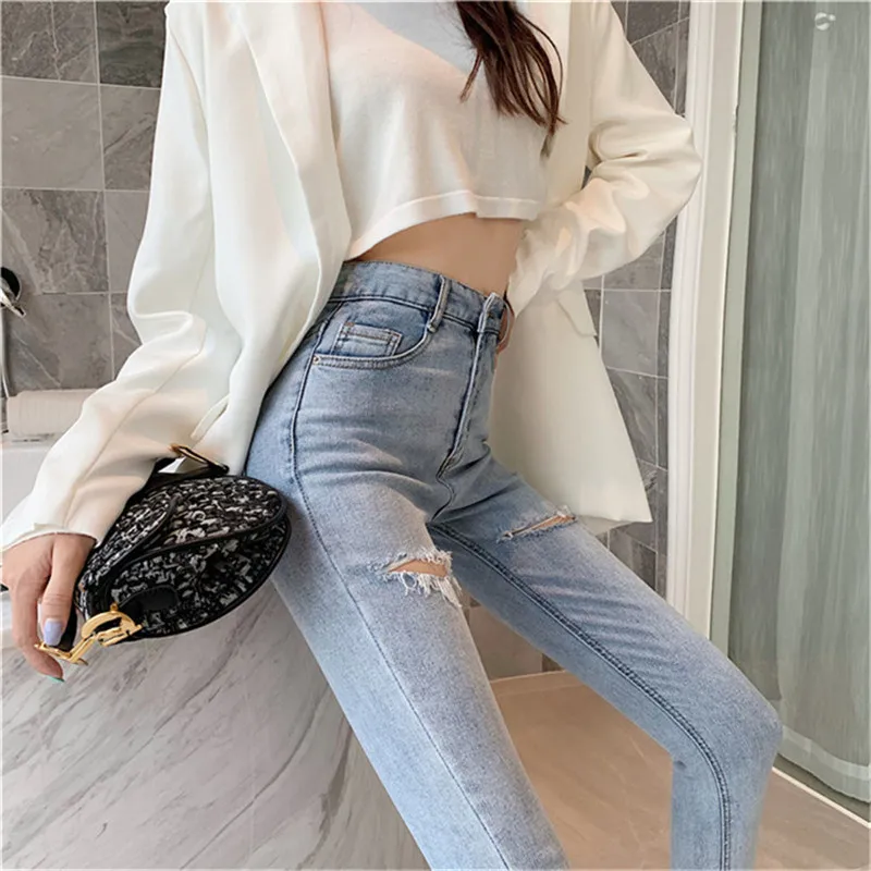 Женские повседневные джинсы новые модные тонкие рваные с высокой талией джинсы