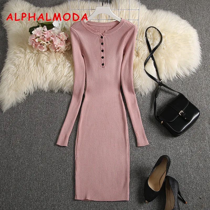 Женское вязаное платье ALPHALMODA на пуговицах с длинными рукавами стрейч