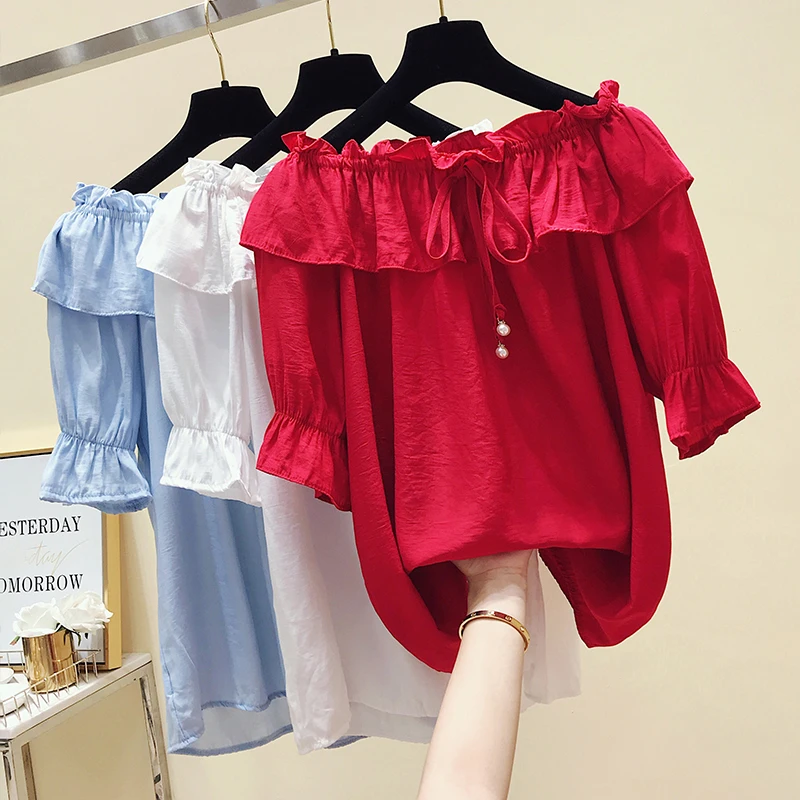 

Chiffon Chic Sexy Ruffles one shoulder women t shirt Pearls Drawstring Short sleeve summer Tops new Elegant Korean vogue clothes