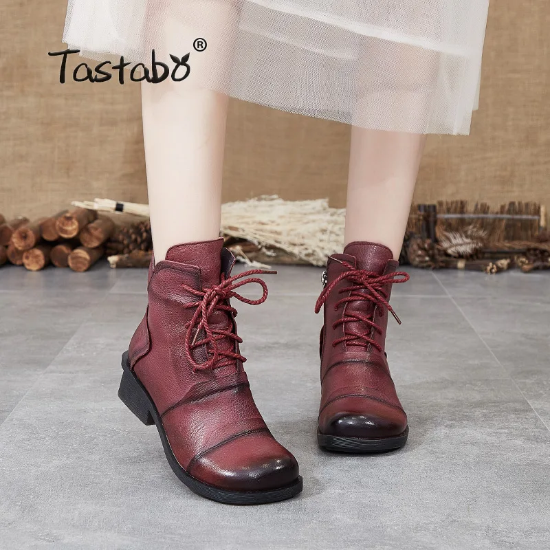 Tastabo Botines de piel auténtica para mujer, botas de diario, color caqui,  negro, rojo y vino, estilo Retro, fondo suave y cómodo, S88205|Botas hasta  el tobillo| - AliExpress