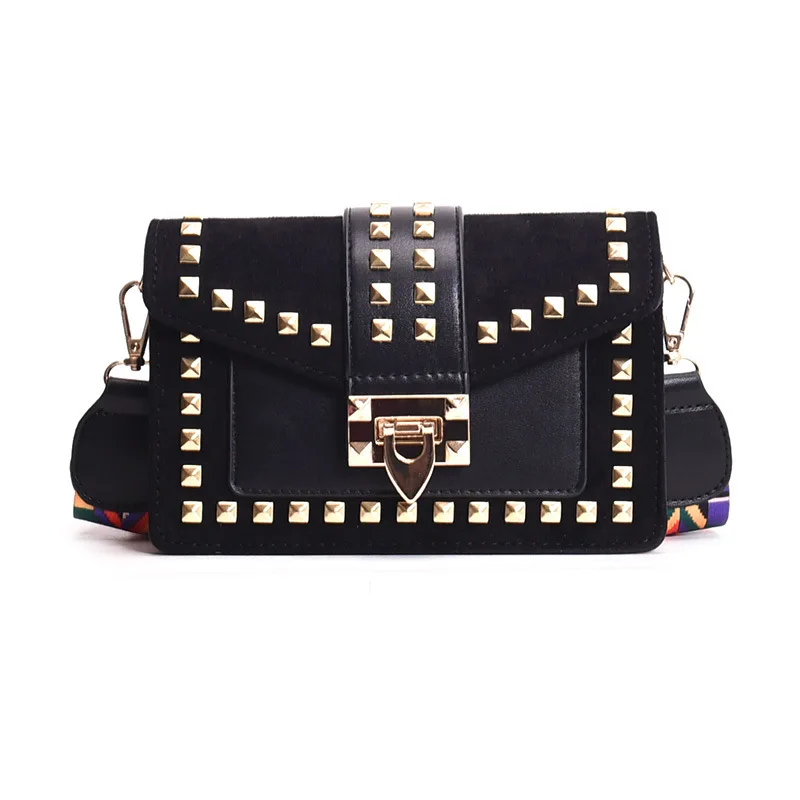 Сумка через плечо с широким квадратным ремнем, маленькая модная сумка с заклепками, женские роскошные сумки через плечо, женские дизайнерские сумки - Цвет: Black