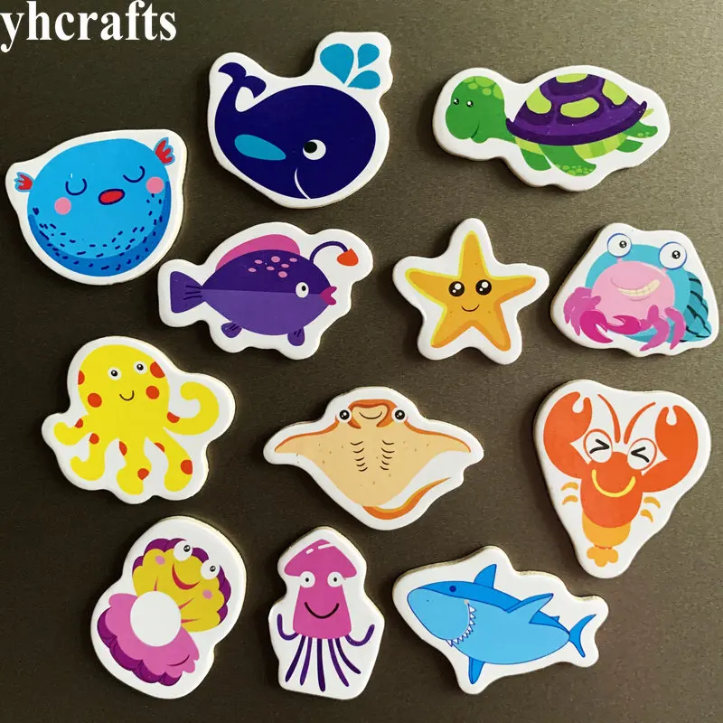 12PCS/Lot mix ocean animals fish crab wooden Fridge Magnet Creative Cartoon 3D Whiteboard