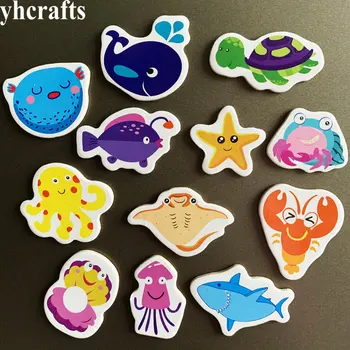 

12PCS/Lot mix ocean animals fish crab wooden Fridge Magnet Creative Cartoon 3D Whiteboard Stickers toys for children kids diy