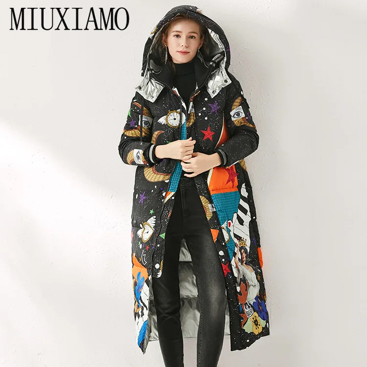 MIUXIMAO, зимнее пальто, свободное, с принтом пианино, элегантное, модное, теплое, длинное пальто, винтажное, X-long, женское пуховое зимнее пальто, Женское пальто