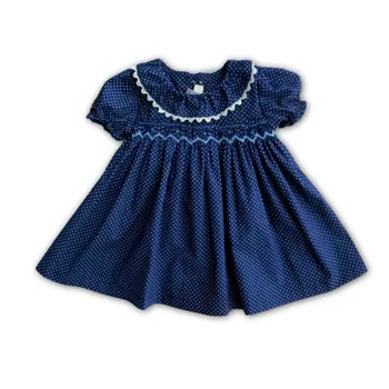 

New Summer Kids Blue Dots Lace Lantern Short Sleeve Cute Handmade Smock Belt Bowknot Button Little Girls Princess 9-36M Dresses