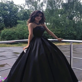 

2020 Black Strapless Bodice Satin Prom Ball Gown Dresses Floor Length Lace-Up Back Sexy Neckline With Bow Sashes Prom Dresses